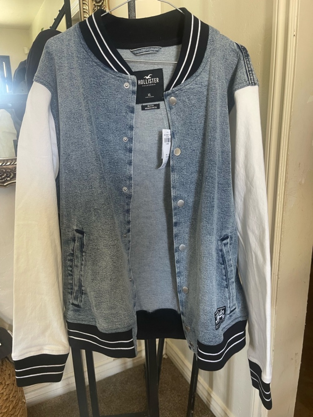 Hollister Light Wash varsity  Denim Jacket with Stripe Collar - Blue